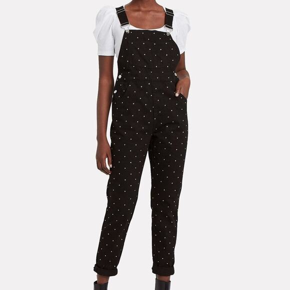 NWT WeWoreWhat Denim Rhinestone Crystals Black Overalls Jumpsuit Large Cotton - Picture 1 of 10